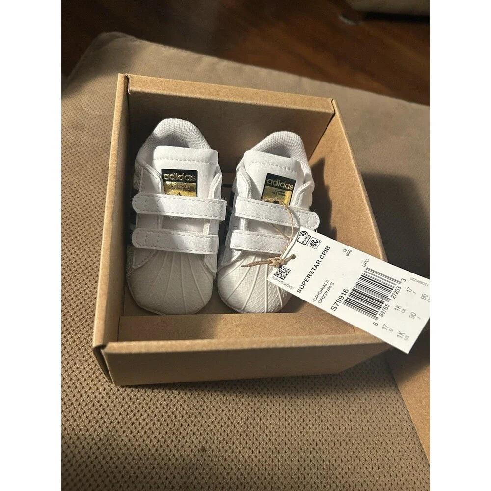 Adidas Superstar Shoes Infant Size 1 Crib 1K Baby White & Gold Logo Sneaker